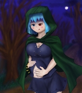 drawing vore large_breasts saliva blue_hair short_hair heart shrunken_woman hood internal_view heterochromia にゃんこtouhou