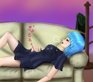 drawing vore large_breasts saliva blue_hair short_hair heart shrunken_woman hood internal_view heterochromia にゃんこtouhou