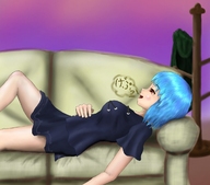drawing vore large_breasts saliva blue_hair short_hair heart shrunken_woman hood internal_view heterochromia にゃんこtouhou