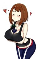 drawing gentle color clothed cleavage brunette shrunken_man pants top my_hero_academia between_breasts deku izuku_midoriya ochaco_uraraka