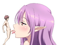 drawing nude color tongue purple_hair huge_breasts blowjob shrunken_man censored source_needed no_background looking_at_tiny pointed_ears