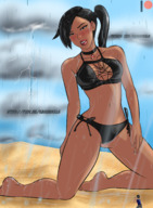 bikini drawing blushing black_hair color beach cleavage wet smiling posing ponytail shrunken_man lipstick dark_skin raining kneeling_down pleading kasumikills