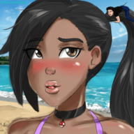 drawing blushing black_hair color beach ocean brown_eyes ponytail shrunken_man dark_skin choker looking_at_tiny kasumikills