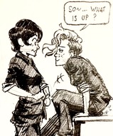 drawing comic monochrome handheld bra butt_crush crow short_hair sitting unaware shrunken_man dressing ednem