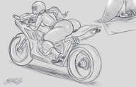 drawing monochrome shrunken_man motorcycle sitting_on sector316 motorcycle_helmet