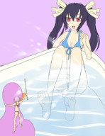 barefoot bath shrunken_woman ponytails neptune hyperdimension_neptunia toothpick noire giantwaifus bows_in_hair
