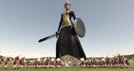 breasts giantess mega sword military dress crown queen looking_down towering field shield boomgts digital_render
