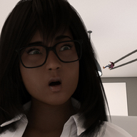 black_hair glasses shrunken_woman tweezers boomgts looking_at_tiny digital_render