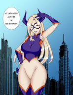 drawing giantess horns city blonde color long_hair text buildings posing gloves pink_eyes bodysuit mask super_heroine my_hero_academia tight_clothing mt._lady koma_kun