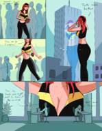 breasts drawing growth giantess city mega comic color butt cleavage buildings red_hair office pants reflection purse freckles top crowds dialogue mary_jane spider-man marvel_comics the_wasp bare_midriff caiman2 earth_20052