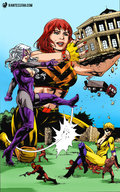 breasts drawing giantess white_hair mega blonde color destruction handheld cleavage butt_crush multiple_sizes gloves red_hair boots kick giantesses mask kicking costume top belt giantessfan running_away mary_jane black_cat yellowjacket spider-man marvel_comics the_wasp beetle bare_midriff earth_20052 felicia_hardy anne_weying puppet_master