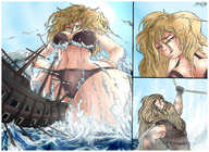 breasts drawing giantess mega blonde color swimsuit cleavage ocean wet green_eyes looking_down ships hands_on_hips sector316 saturn_seven squashed123