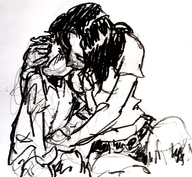 drawing gentle masturbation monochrome black_hair long_hair clothed crow sitting kissing amazon sketch hugging no_background