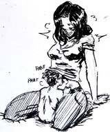drawing monochrome long_hair sex mini_giantess kneeling looking_down pleasuring