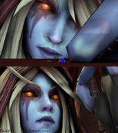 giantess blonde red_eyes blood blue_skin cruel finger_crush world_of_warcraft dialogue looking_at_tiny digital_render sylvanas_windrunner source_film_maker pproky