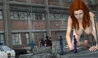 giantess nude buildings police unknown_artist kneeling rubble vehicles digital_render randomthug