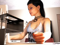 crush black_hair blue_eyes blood shrunken_man indoors fist looking_at_tiny digital_render innocent-owl