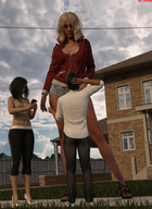 blonde high_heels brunette mini_giantess sandals piercings amazon shorts looking_down standing pants manicure cellphone top hoodie sidewalk digital_render giantess_lover45