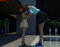 gentle clothed skirt high_heels dress kissing amazon bending_over lesbians pool standing digital_render giantess_lover45