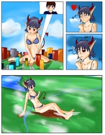 drawing growth giantess panties horns tail city mega comic color destruction barefoot bra demoness pointed_ears ekkonshon