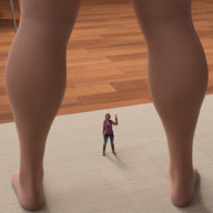 barefoot jeans legs shrunken_woman standing looking_up boomgts digital_render sweatshirt