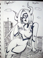 drawing giantess monochrome looking_at_viewer sitting_on_building my_hero_academia mt._lady