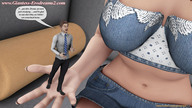 gentle clothed handheld cleavage bra shorts shrunken_man dialogue digital_render bare_midriff