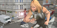 breasts giantess city mega blonde street muscles vehicles dark_skin looking_at_tiny superheroine digital_render afro abundy99