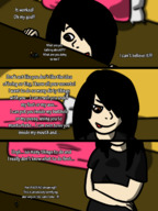 drawing giantess comic black_hair long_hair smiling story shrunken_man licking_lips dialogue panels arms_folded honmetgts
