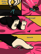drawing giantess comic black_hair long_hair toes barefoot soles smiling story shrunken_man dialogue panels arms_folded honmetgts