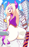 drawing giantess horns city blonde color butt_crush anime superhero animation superheroine my_hero_academia mt._lady diives
