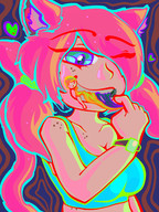 drawing color teeth green_eyes pink_hair ponytail twintails shrunken_man cat_girl freckles chew chewing mspaintgts