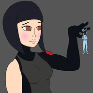drawing giantess black_hair long_hair bunny_ears pajamas smiling shrunken_woman dangle dark_skin looking_at_tiny fortnite