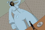 drawing giantess black_hair large_breasts long_hair bunny_ears pajamas low_angle smiling shrunken_woman dark_skin indoors fortnite