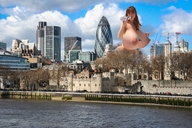 breasts giantess collage nude city mega long_hair helicopter huge_breasts red_hair bottle london drinking outdoors flag crowds gherkin