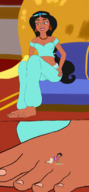 drawing comic black_hair color long_hair toes barefoot cleavage ponytail foot_worship sitting looking_down dark_skin cleaning jasmine aladdin disney necklace hairband giantwaifus