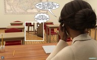 long_hair clothed barefoot brunette underwear shrunken_man hiding desk classroom dialogue digital_render thought_bubble aaabbbzzz