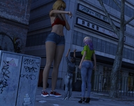 giantess blonde long_hair clothed high_heels multiple_sizes street navel amazon shorts teasing giantesses pants top digital_render giantess_lover45 bare_midriff