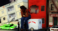 giantess crush black_hair long_hair destruction buildings police mini sitting dark vehicles dark_skin outdoors skinned