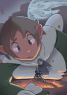 drawing growth giantess color blue_eyes clothed brunette castle disgaea lying_down short_hair surprised looking_down outdoors sihagen magic_knight