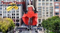 gentle giantess collage city long_hair clothed high_heels buildings street red_hair dress walking fishnets onlookers looking_at_viewer giantessbuster209 amarie-tinuviel