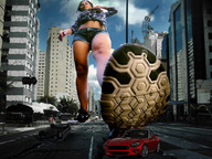 giantess collage city long_hair destruction clothed buildings shoes brunette navel shorts walking giantess_katelyn vehicles looking_at_viewer bare_midriff thedonnyvan