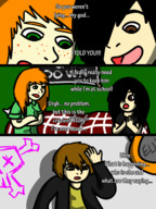 drawing comic black_hair color red_hair shrunken_man freckles bedroom looking_at_tiny honmetgts