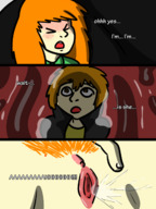 drawing pussy masturbation comic color cum pubic_hair red_hair sitting unaware shrunken_man freckles inside_pussy honmetgts