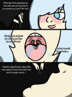 drawing blushing comic color blue_eyes teeth saliva succubus shrunken_man open_mouth dangle grey_hair imminent_vore dream_sequence honmetgts