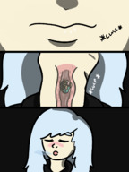 drawing vore blushing comic color blue_eyes succubus shrunken_man swallowed grey_hair dream_sequence honmetgts