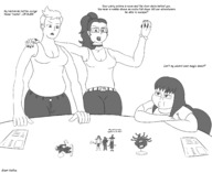 drawing blonde monochrome clothed cleavage glasses brunette domination table shrunken_people game women costume manicure top dialogue dice role_playing giant_waifus