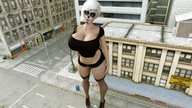giantess white_hair city large_breasts cleavage high_heels stockings posing short_hair short_shorts voluptuous looking_at_viewer makeup digital_render endlessrain0110 bare_midriff day_of_the_day