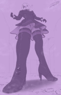 drawing giantess panties upskirt monochrome high_heels climbing boots blindfold jora-bora nier_automata 2b 9s
