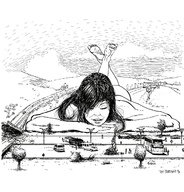 drawing giantess nude monochrome black_hair long_hair barefoot lying_down highway vehicles onlookers papayoya